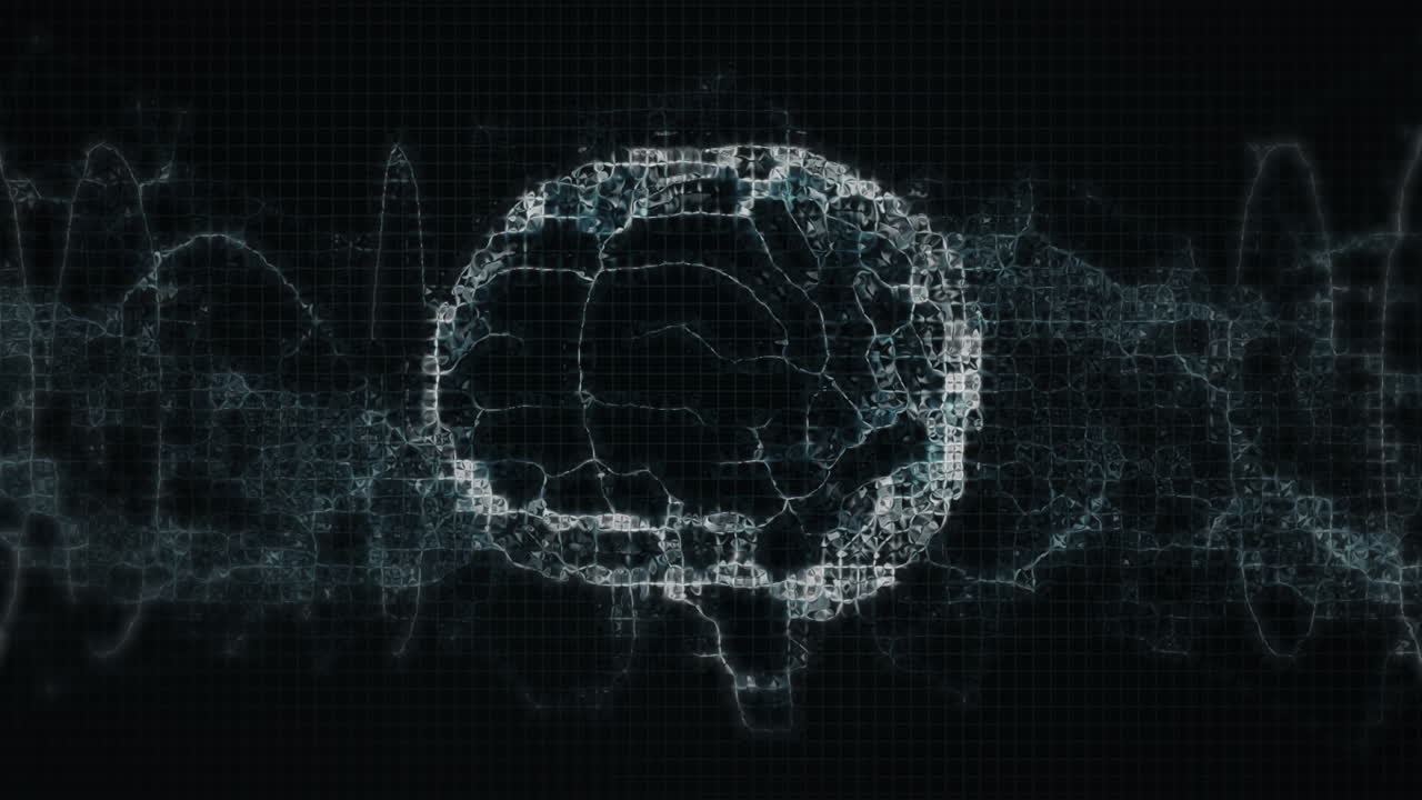 Animation of digital brain and shapes moving on black background