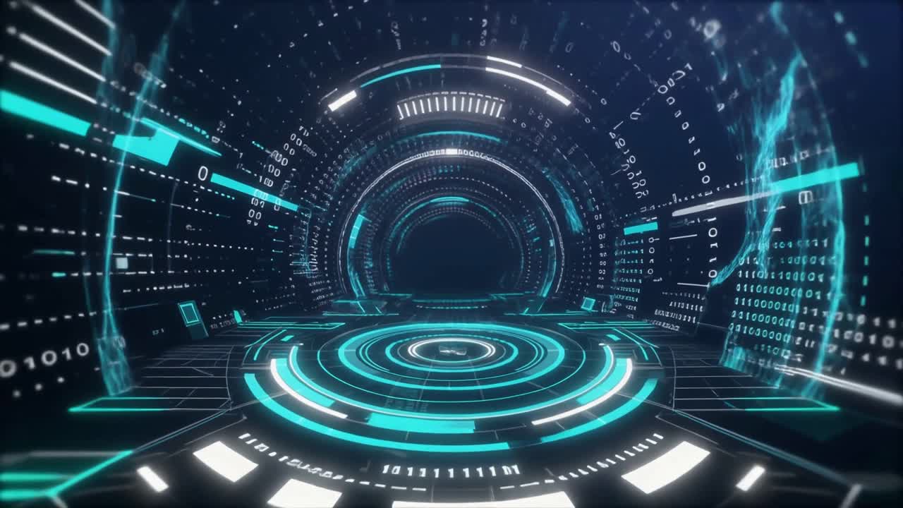 Flying Through a Futuristic Digital Data Tunnel with Binary Code