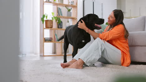 Woman,-happiness-and-dog-in-a-home-with-pet-owner