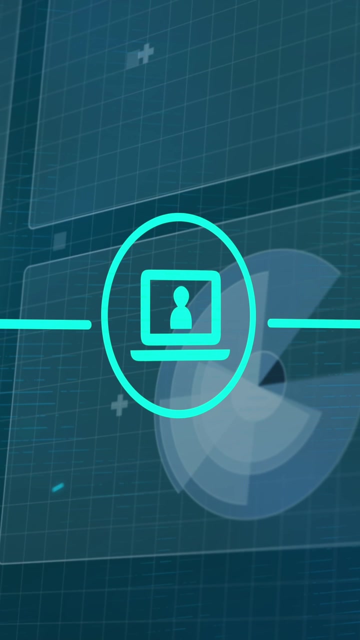Animation of connected media icons over data processing and charts on interface