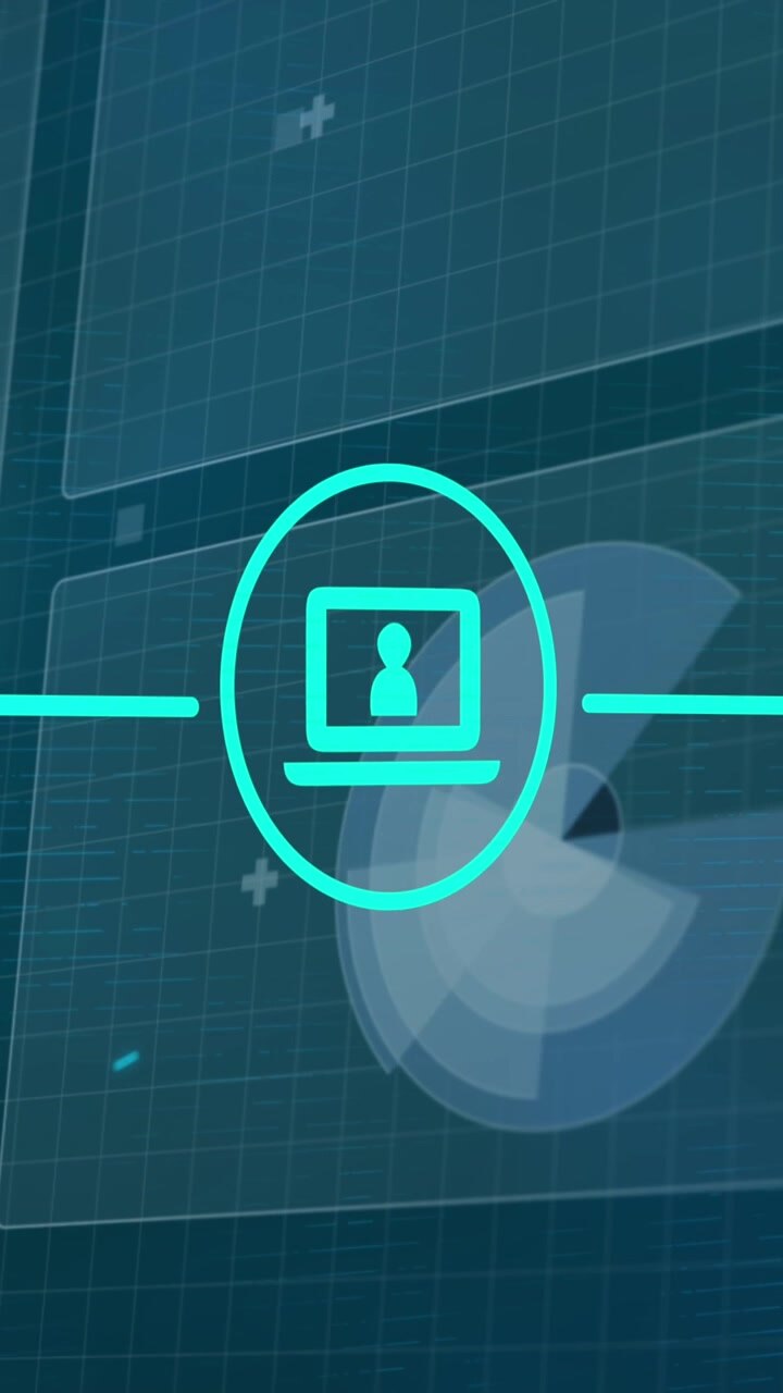 Animation of connected media icons over data processing and charts on interface