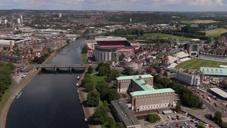 drone view of river trent and nottingham, england on sunny afternoon