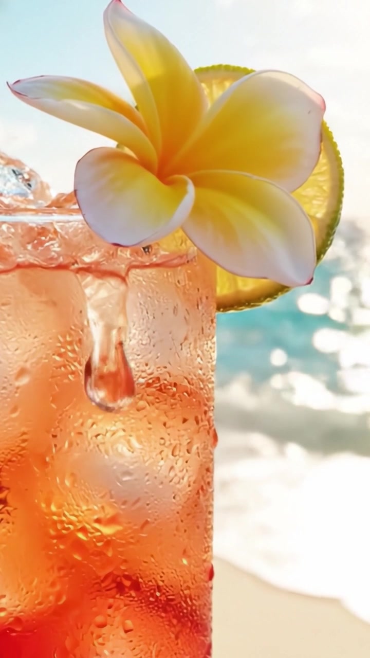 Refreshing Tropical Cocktail with Ice, Garnished with a Yellow Flower and Lime Slice, Set Against a Scenic Beach Background with Sparkling Ocean Waves