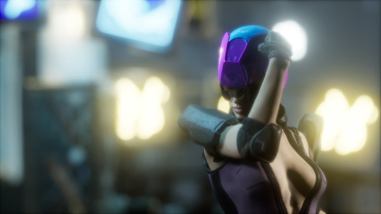 futuro concepto de mujer cyberpunk con luces de neón de la ciudad