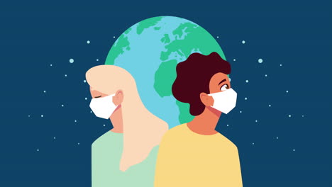 couple using face masks for covid19 and earth planet