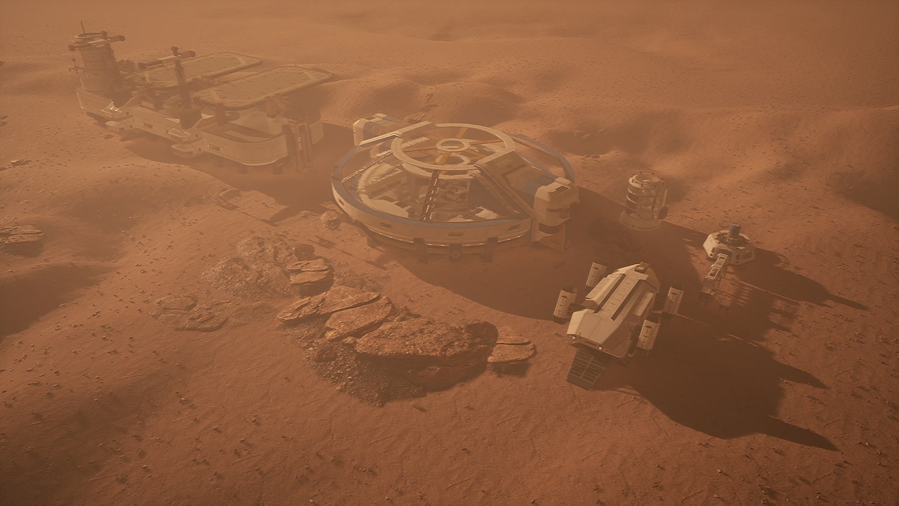 Mars colony displays advanced habitats and exploration vehicles