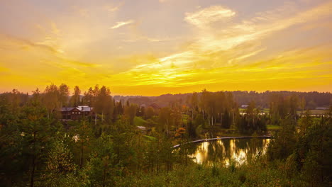 Timelapse-of-landscape-with-lakes-and-trees-reflecting-on-water-surface-at-sunset