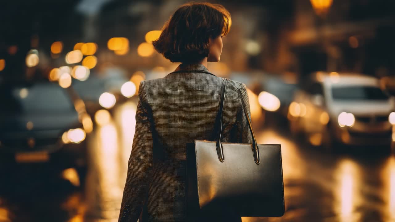 A Stylish Woman Strolling Through a Rainy Urban Street at Dusk, Surrounded by Glowing City Lights and Reflections, Embodying Modern Elegance and Poise