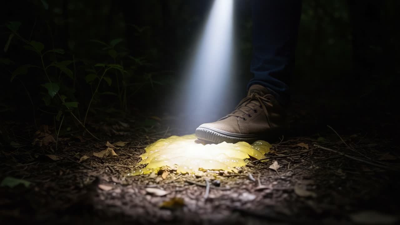 A Mysterious Yellow Substance Illuminated by a Flashlight Reveals Strange Textures and Patterns on the Forest Floor, Captivating the Viewer’s Curiosity