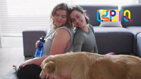animación del arco iris lgbtq de una pareja de lesbianas acariciando al perro en casa