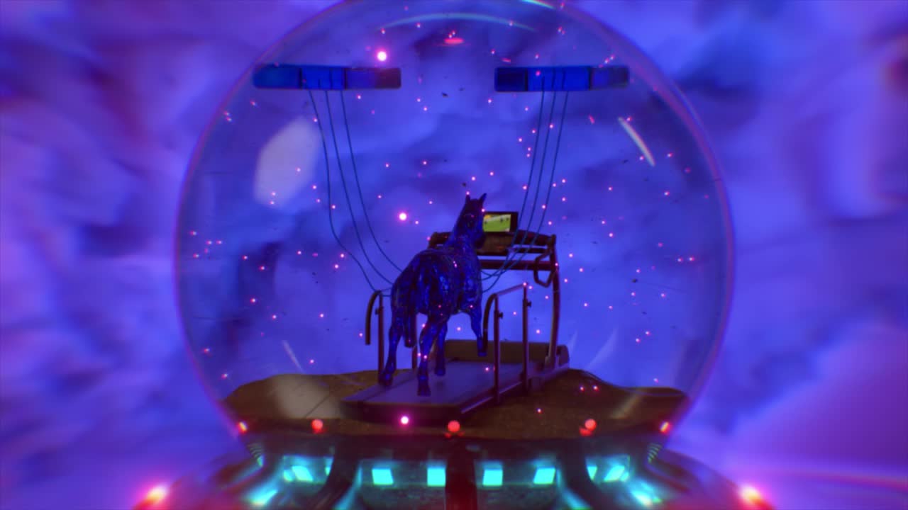 Cavalo fluido fantástico abstrato treinando em uma esteira dentro de uma bola de neve. Conceito irreal de surrealismo e esportes. Animação 3D em loop contínuo.