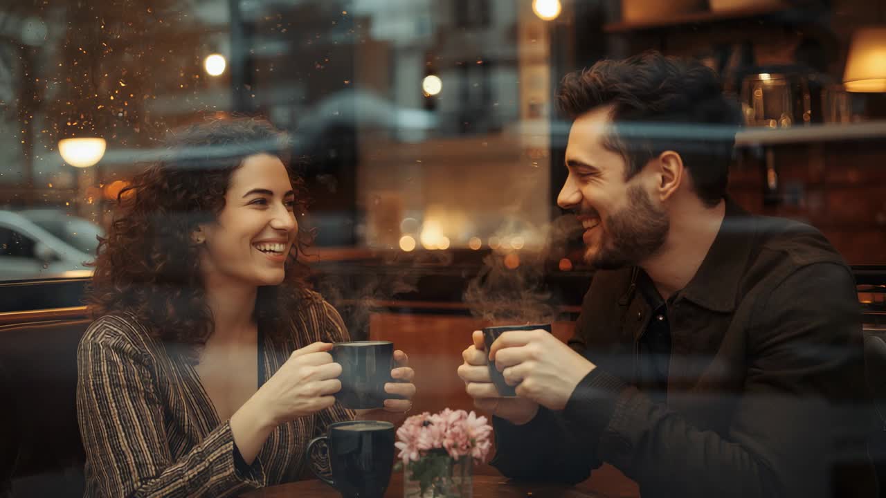 Mujer sonriente iniciando una conversación mientras sostiene una taza oscura en una cafetería acogedora; un hombre se inclina para escuchar.