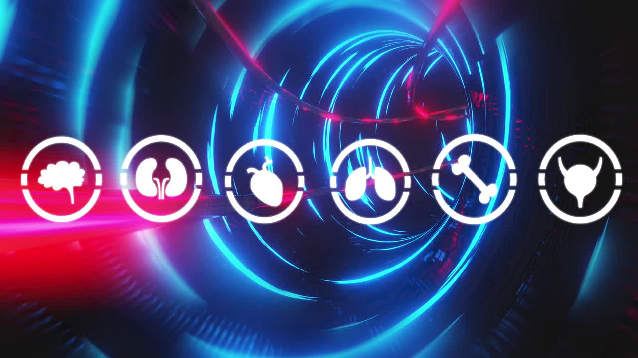 animación de iconos del cuerpo humano sobre un túnel hecho de luces de neón
