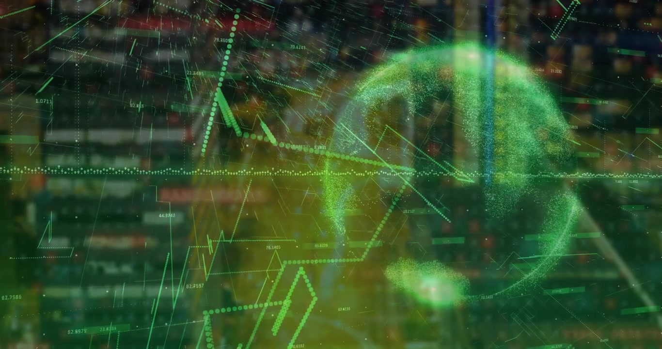 Horizontal waveform forming over cityscape causing grid lines and rotating sphere integrating data