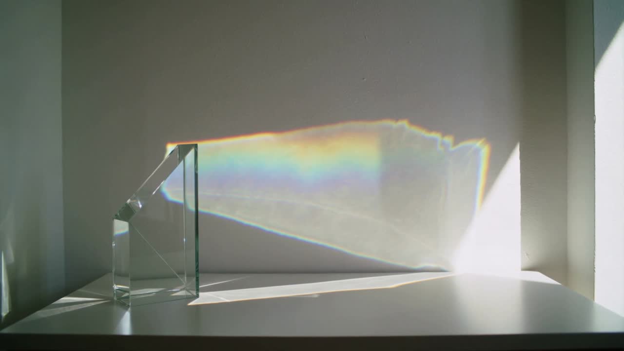 Casting clear prism refracting sunlight entering window, shifting rainbow on wall, copy space