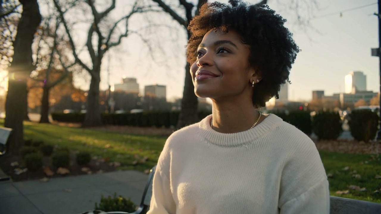 Tapping phone, placing on lap, woman looking up, feeling sunlight on park bench, in cream sweater