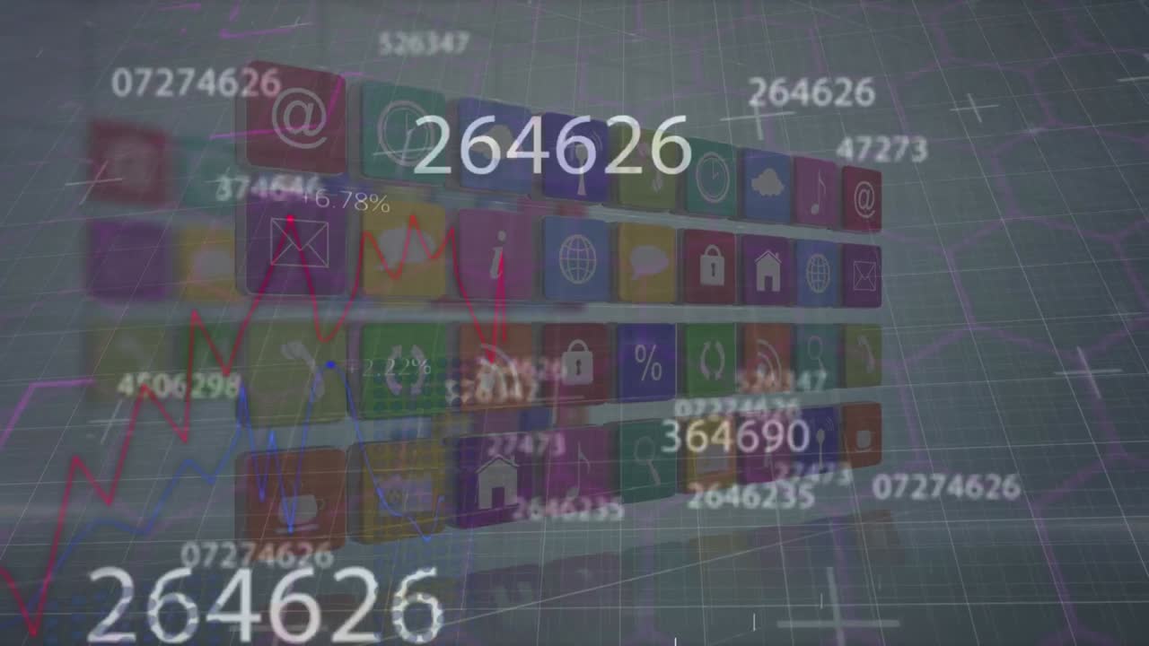 animación de números, iconos técnicos y gráficos sobre fondo gris