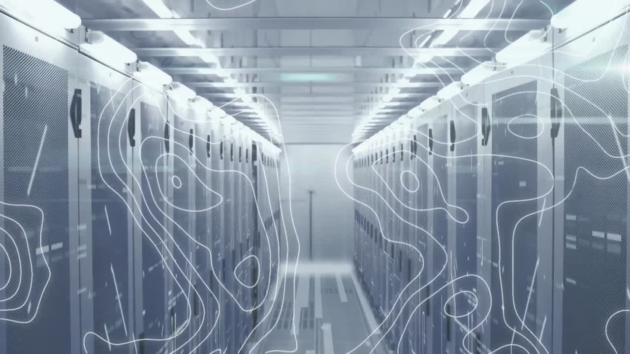 Animation of white map lines and data processing over tech room with computer servers