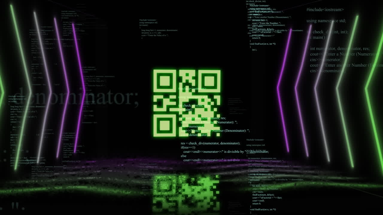 video digital único de código qr con codificación por computadora y patrón abstracto en el fondo
