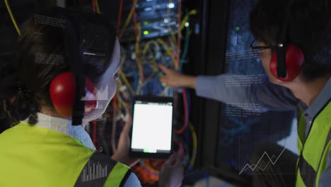 technicians working on server rack with data analysis animation overlaid