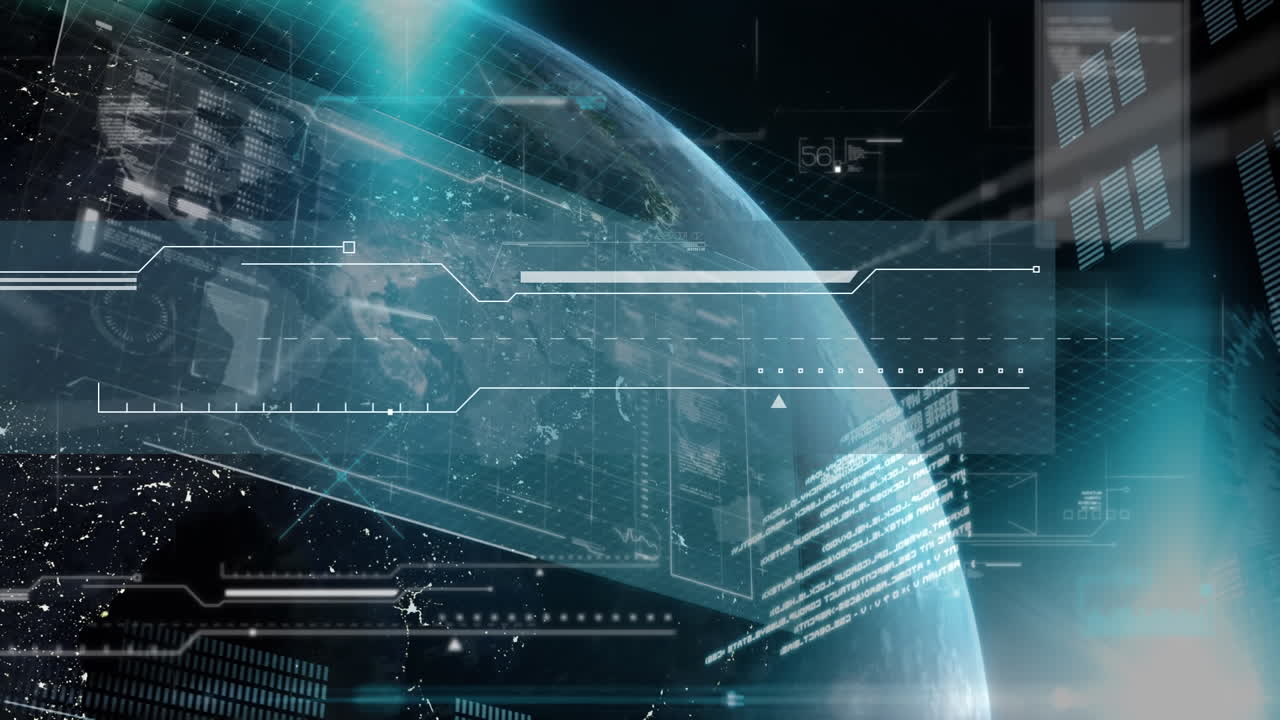 Digital animasjon av digitalt grensesnitt med databehandling mot en jordklode på svart bakgrunn.