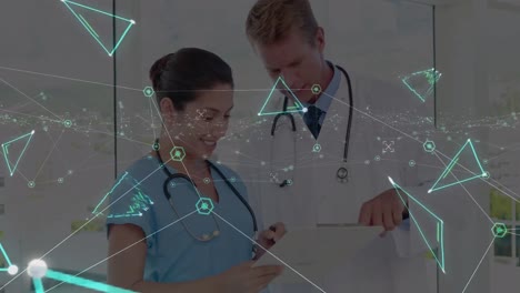 Animation-of-network-of-connections-with-shapes-over-diverse-female-nurse-and-male-doctor-talking