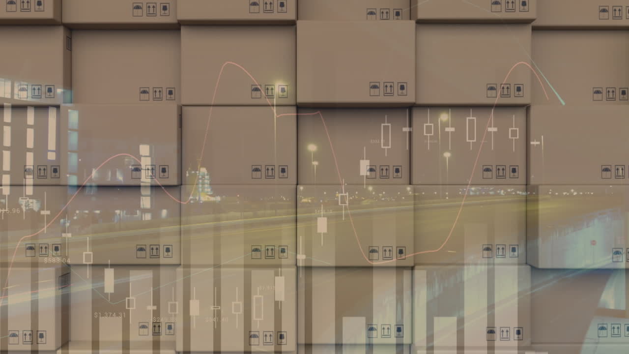animación del procesamiento de datos financieros sobre una pila de cajas de cartón