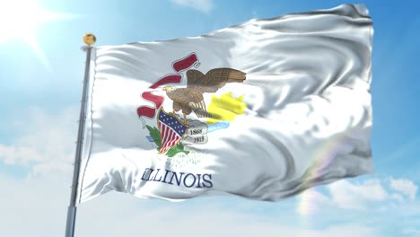 4k-3D-Darstellung-Der-Wehenden-Flagge-An-Einem-Pfosten-Des-Bundesstaates-Illinois-In-Den-Vereinigten-Staaten-Von-Amerika