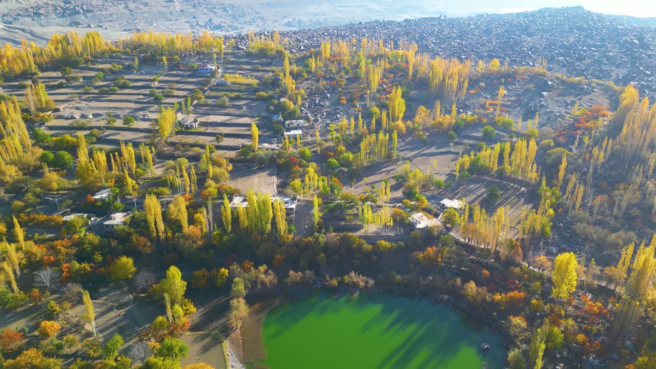 Drone shot of Lower Kachura Lake, Shangrila Lake in Skardu, Pakistan