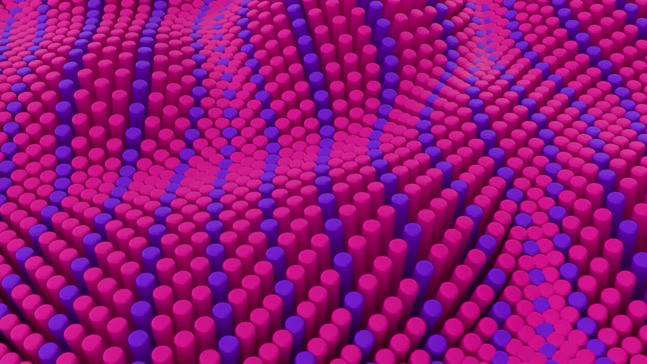 Abstract pink purple lines background with cylinders. Ceramic round tiles. Geometry pattern. Random cells. Polygonal glossy surface. Futuristic abstraction. Seamless loop 3d animation of 4K