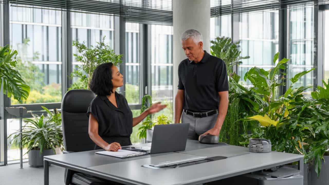 Engaging Office Conversation: Two Professionals Discuss Ideas Amidst Lush Greenery in a Modern Workspace Environment