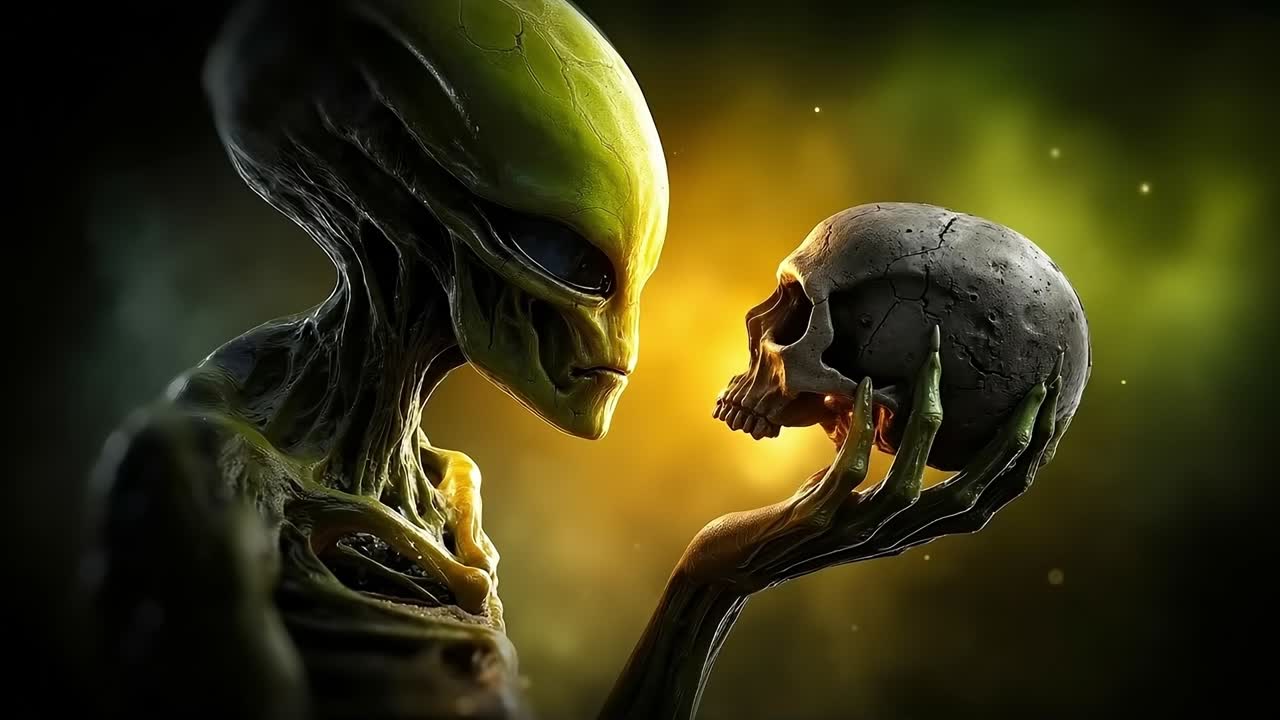 Alien holding a skull in his hand