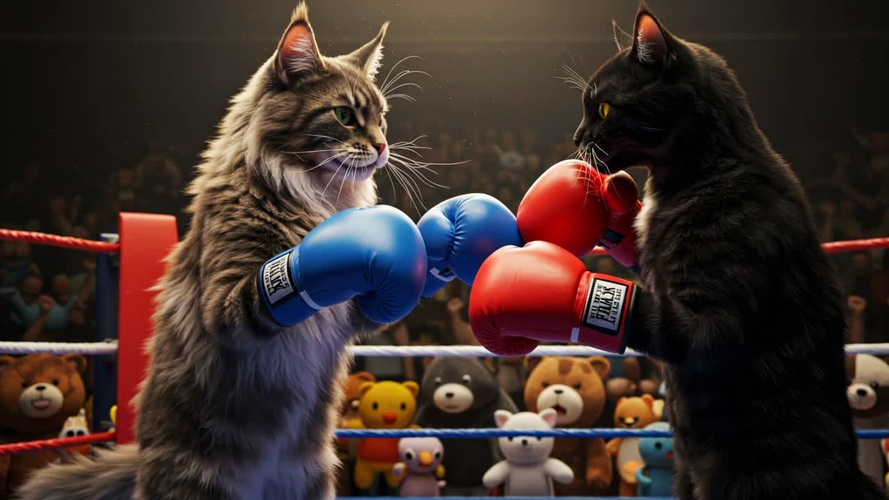 In an amusing spectacle, cats wearing oversized boxing gloves engage in a playful match inside a ring, cheered on by a lively audience of toys