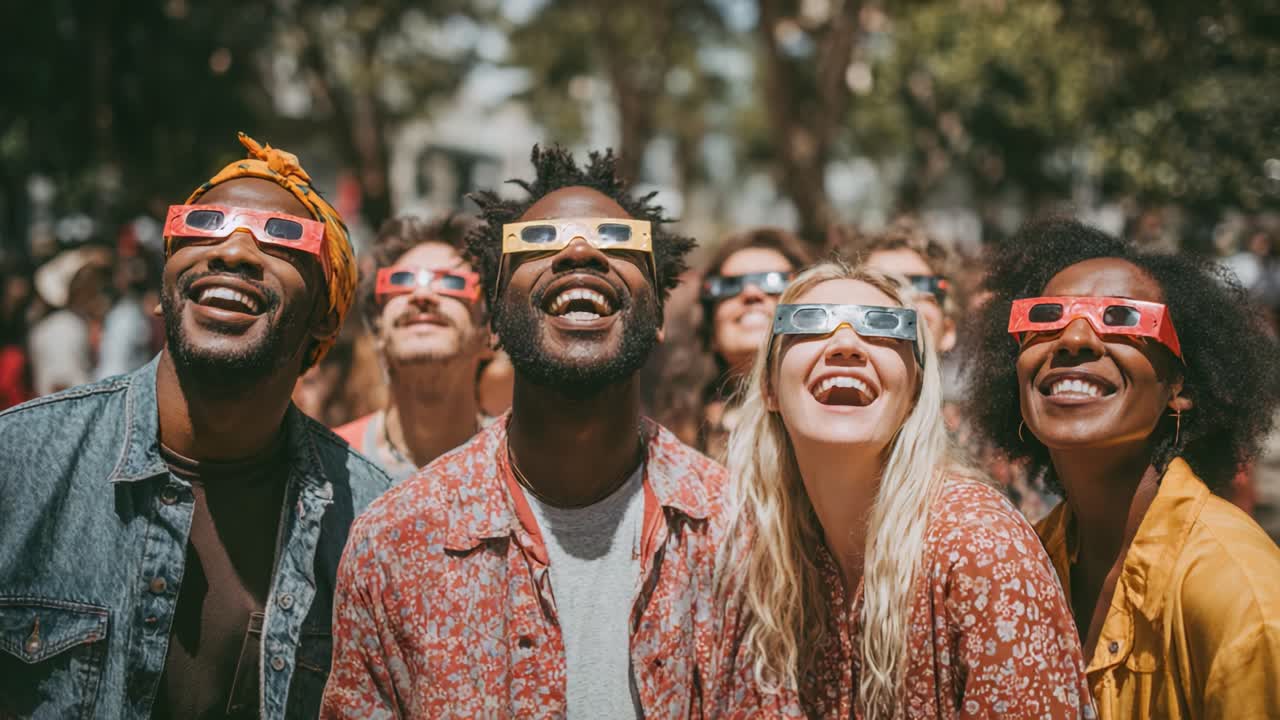 Joyful Gathering Under the Sun: A Group of Friends Dressed Vibrantly Celebrate Together, Wearing 3D Glasses and Enjoying a Shared Experience in a Thrilling Outdoor Environment