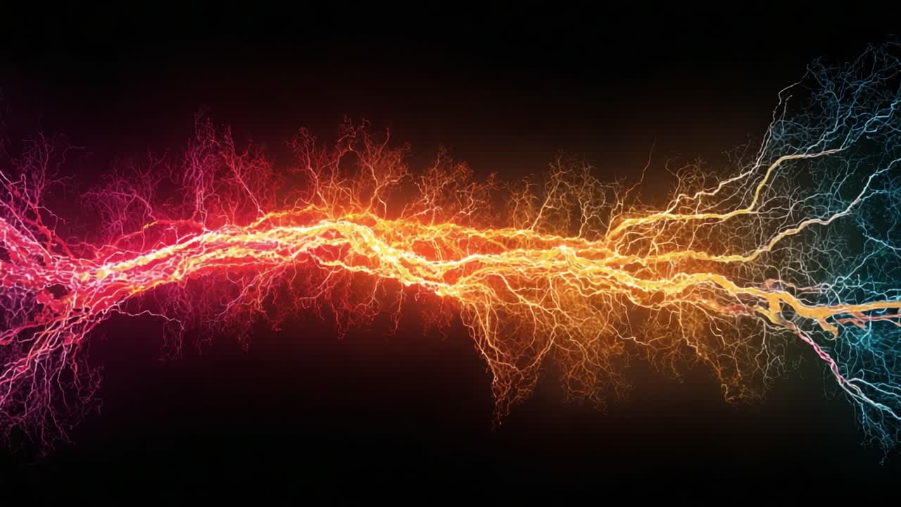 A Stunning Visual Representation of Electric Energy Flowing Through Vibrant Colors, Capturing the Dynamic Nature of Lightning Strikes Against a Dark Background