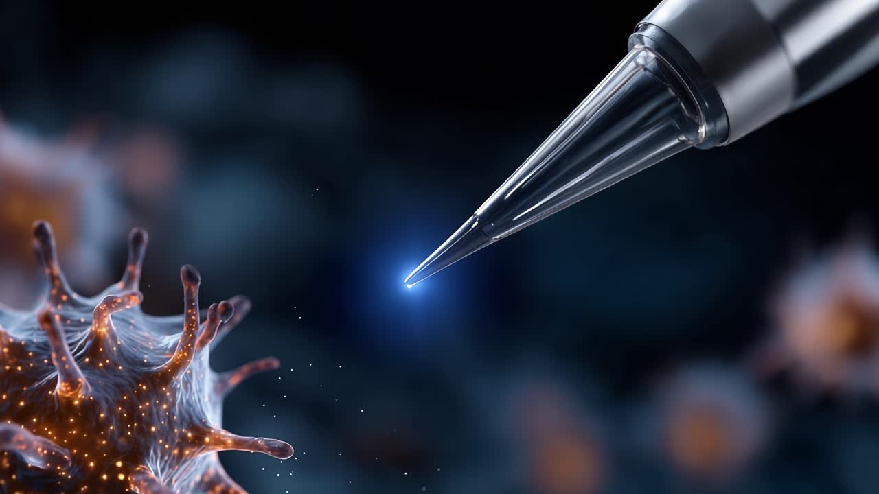 Nærbillede af en pen, der sender lys ind i en mikroskopisk virus: En fusion af videnskab og teknologi, der viser innovation inden for medicinsk forskning og viral interaktion.