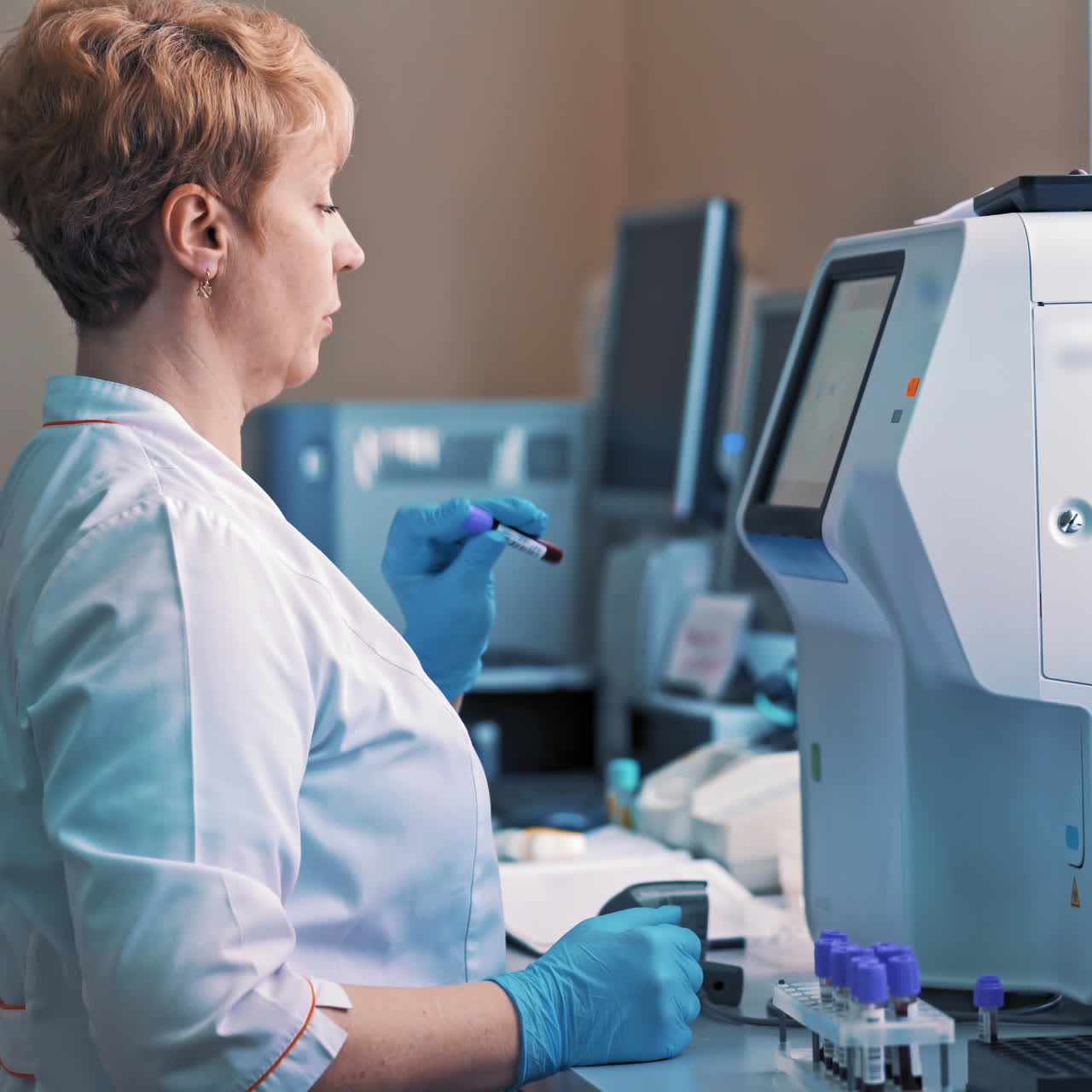 Female scientist mixing a vial of liquid in her hand in the laboratory. Technician woman works with test tubes while standing in front of checking blood machine in clinic.