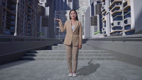 businesswoman presenting in front of modern city buildings