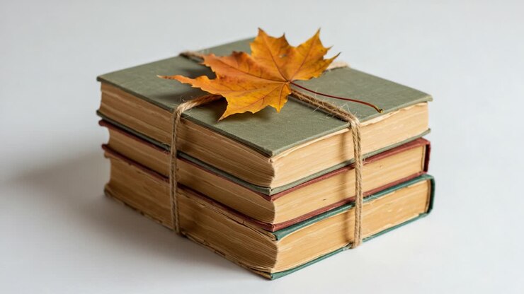 A Still Life Featuring Stacked Vintage Books Topped with a Vibrant Autumn Leaf, Capturing the Essence of Knowledge and Nature in Harmony