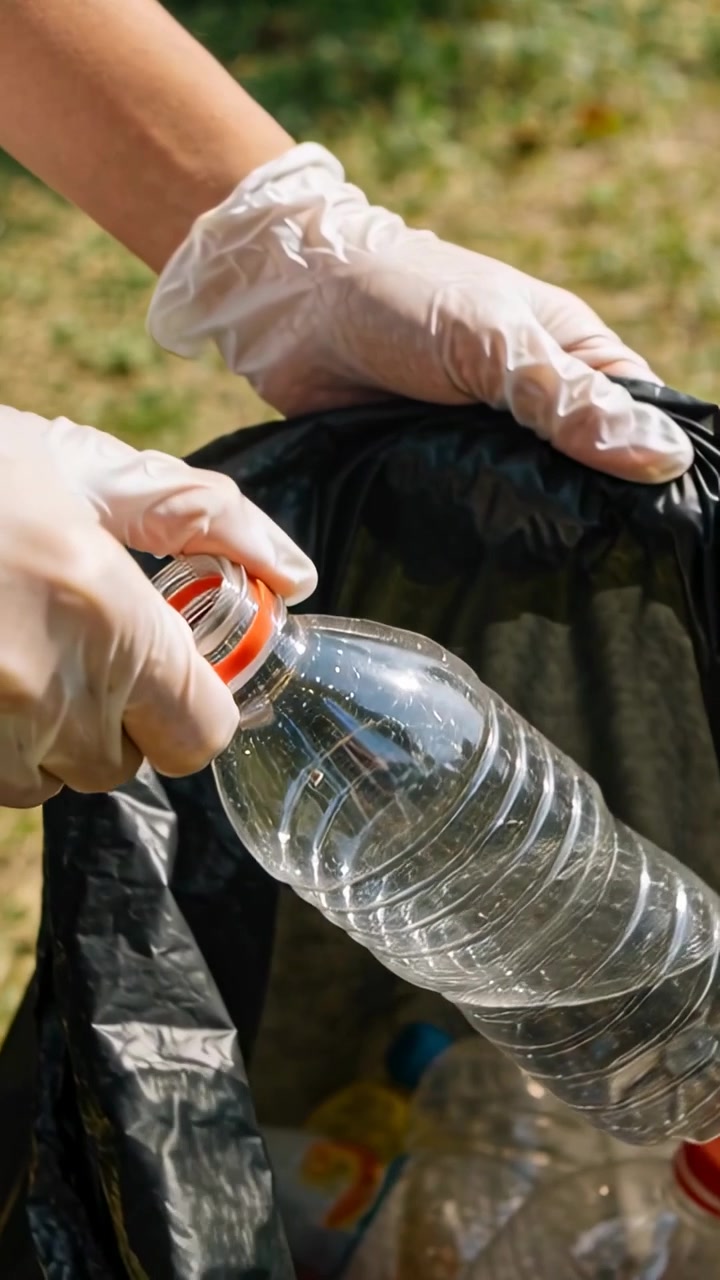 Vertical video: Entering gloved hands lowering clear bottle into black bag on grass for recycling