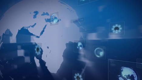 digital icons and data processing animation over world map in blue tones