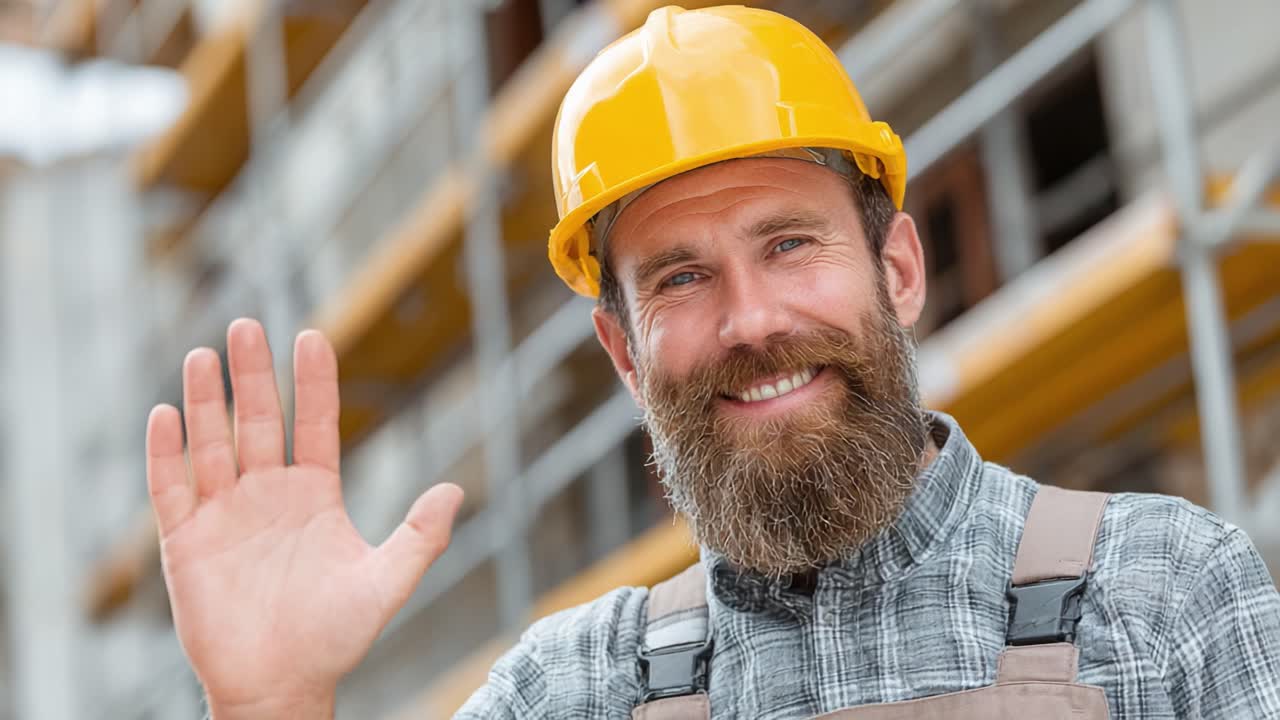 A cheerful construction worker in a safety helmet waves warmly at the camera, showcasing a friendly demeanor while standing in front of a building site filled with scaffolding