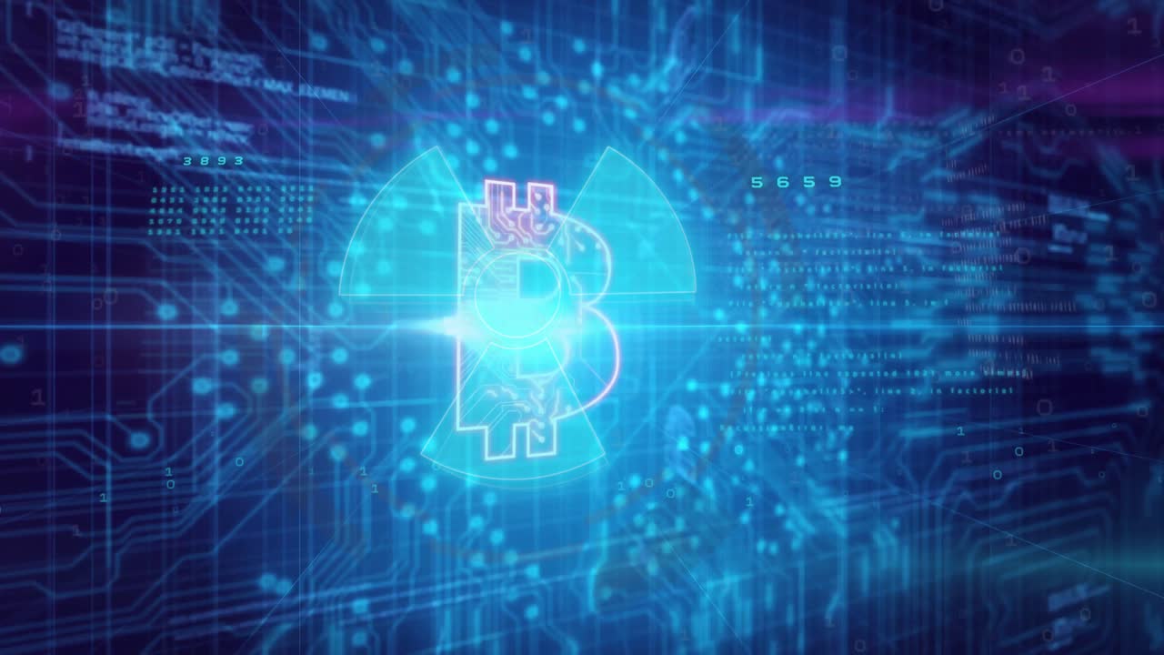 Glødende Bitcoin-symbol skinner i en digital scene, viser kredsløbsspor og flydende binær kode