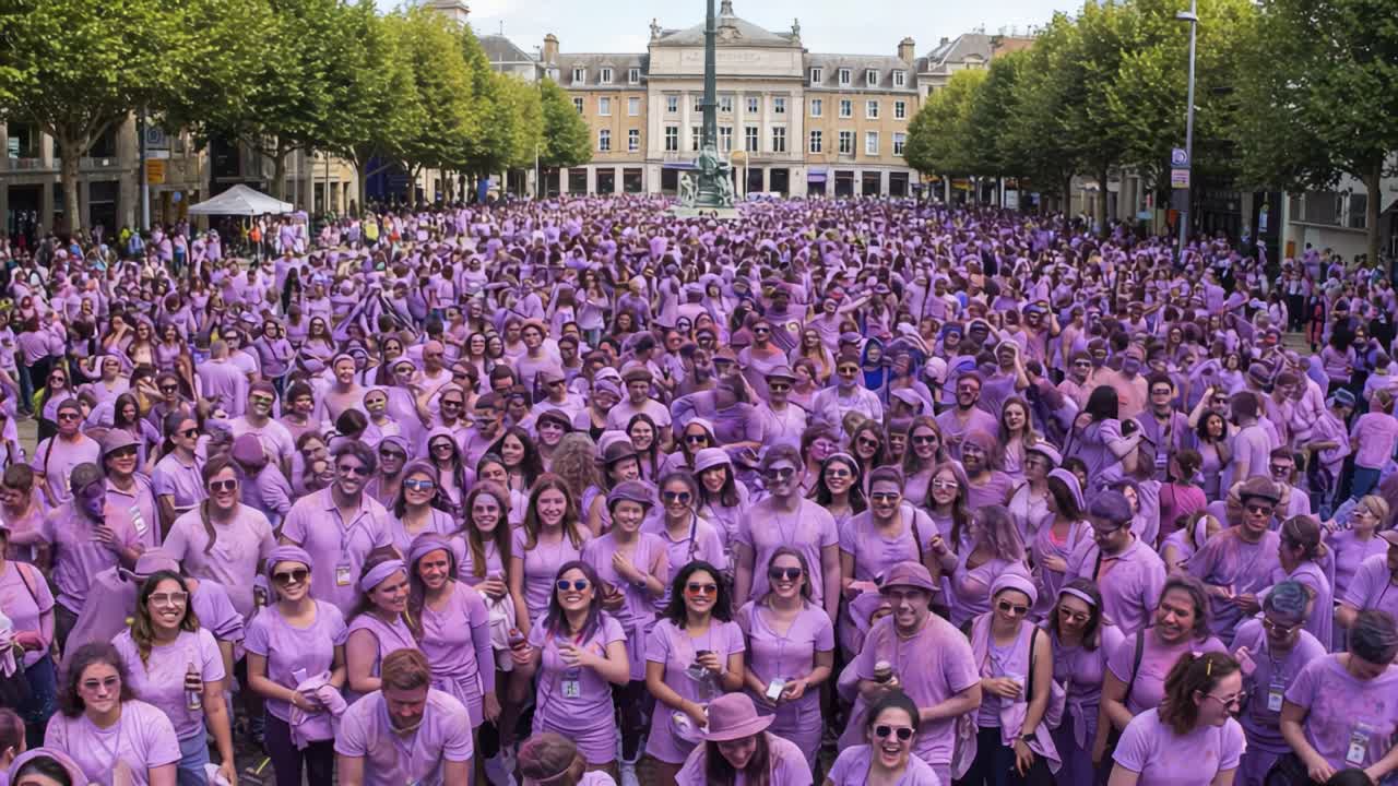 A Vibrant Gathering of Enthusiastic Individuals Dressed in Pink Attire Celebrating Together in a Bustling Urban Square Surrounded by Greenery and Historic Buildings