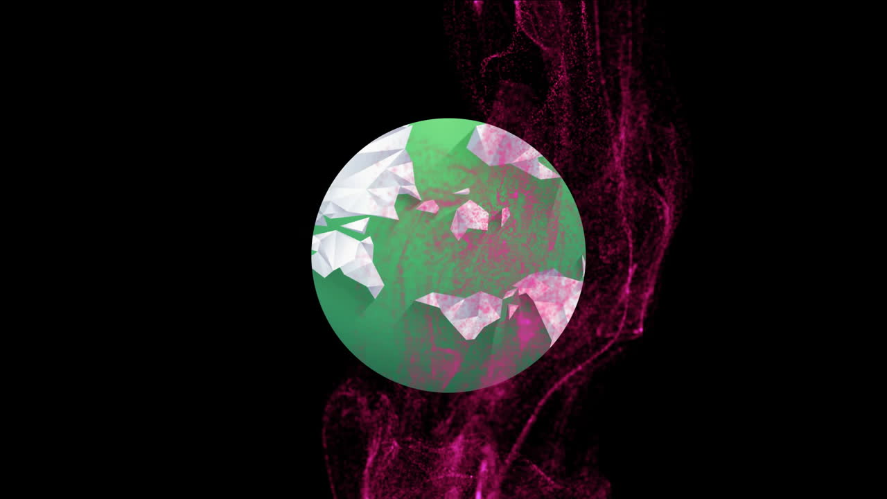 Green and pink geometric sphere floating over swirling magenta smoke animation