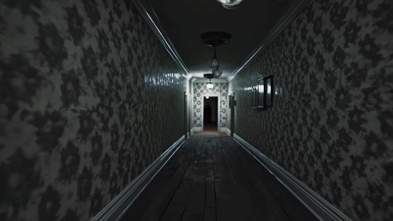 A dimly lit, eerie hallway with floral wallpaper, captured from a low-angle, creating a suspenseful