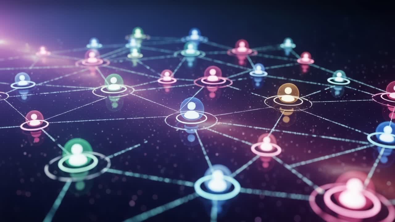 A Digital Network of Interconnected Users Represented by Colorful Nodes and Links, Highlighting the Vastness of Online Connectivity and Interpersonal Communication