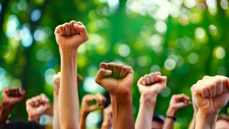 a group of people raising their fists in the air