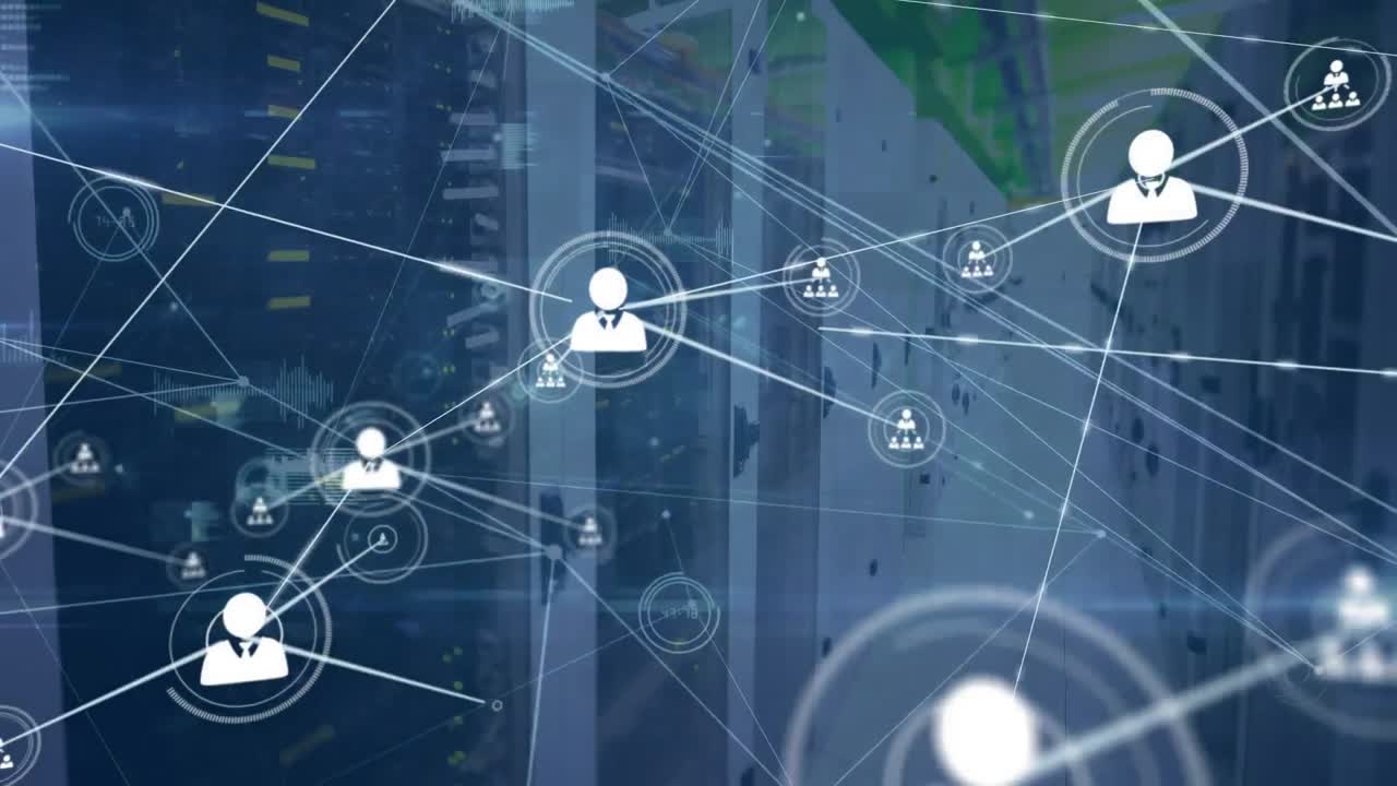 Animation of network of connections with icons and data processing over server room