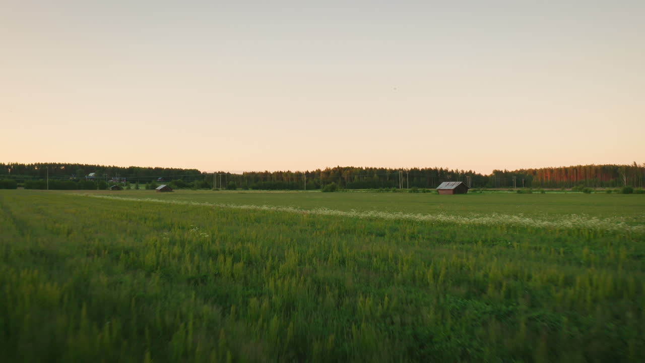 Drone Footage of Countryside, Flying Over Big Green Field at Sunset